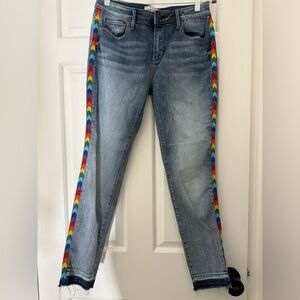 ANTHROPOLOGIE DRIFTWOOD Jackie Rainbow Embroidered Stripe Skinny Jean W28 L28